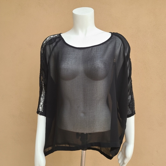 THERAPY Sheer Black Lace Blouse 10 M Top 3/4 Sleeve Tulip Hem Indie Goth Punk - Picture 3 of 13